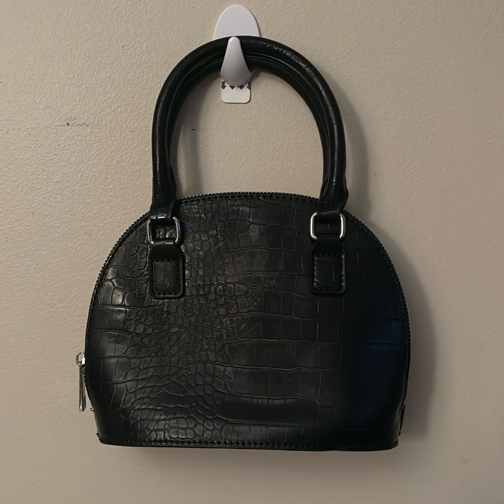 Top handle bowler bag with detachable crossbody strap in black croc